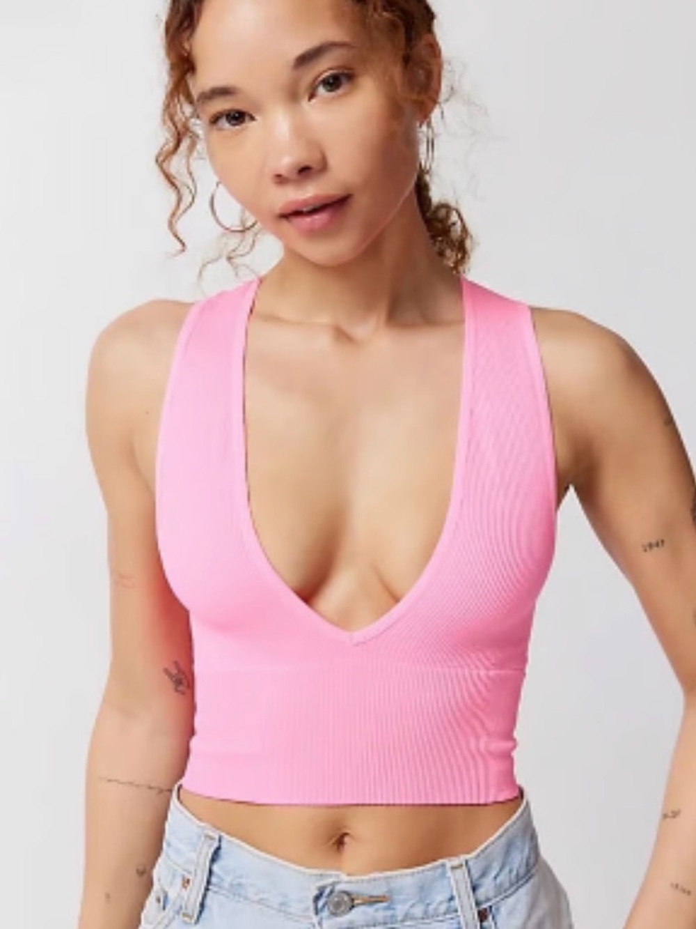 Urban Outfitters Pink Ribbed Deep V Crop Tank Top